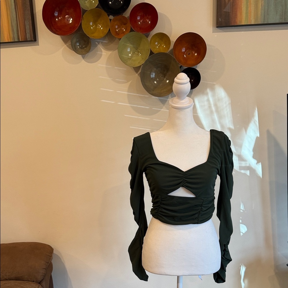 Dark Green Ruched Long-Sleeve Crop Top